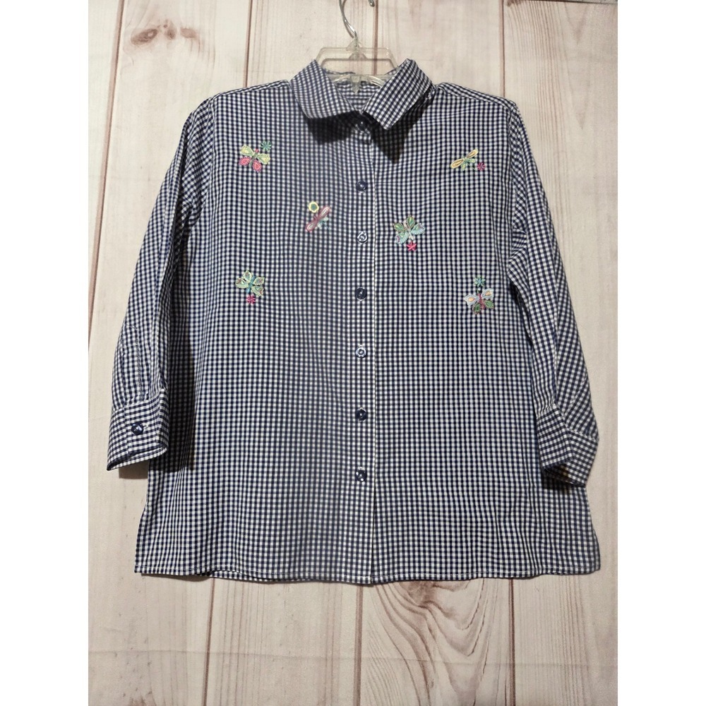 Womens Small Navy Gingham Embroidered Butterfly Dragonfly Button Down Shirt